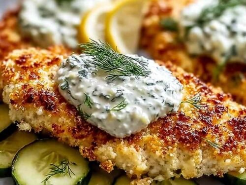 Crispy dill pickle Parmesan chicken on a plate with a golden Parmesan breadcrumb crust and a lemon wedge on the side