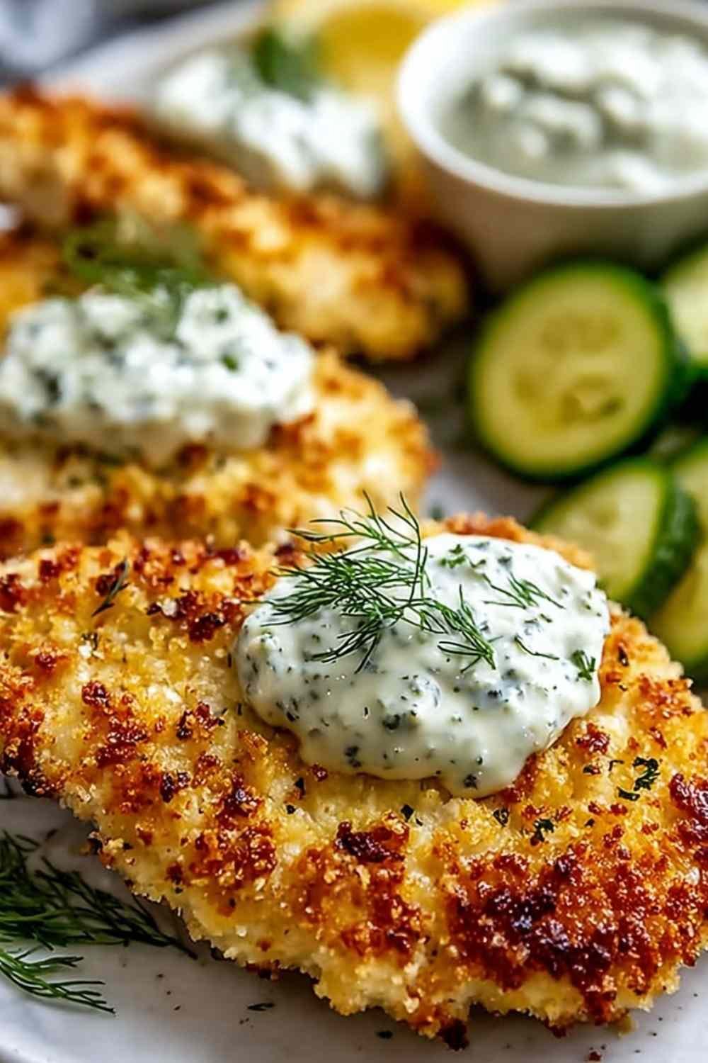 Crispy dill pickle Parmesan chicken on a plate with a golden Parmesan breadcrumb crust and a lemon wedge on the side