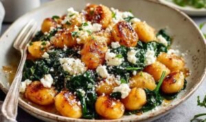 Crispy gnocchi with spinach and feta in a large skillet with golden-browned gnocchi, wilted spinach, and crumbled feta cheese