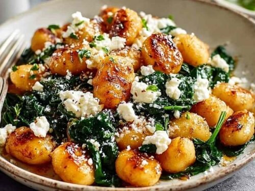 Crispy gnocchi with spinach and feta in a large skillet with golden-browned gnocchi, wilted spinach, and crumbled feta cheese