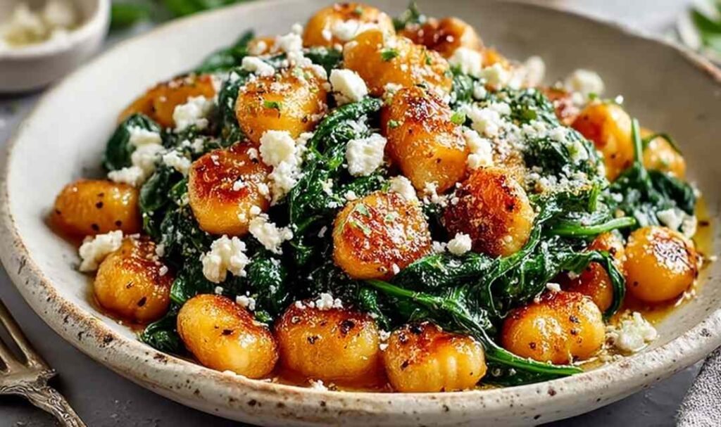 Crispy gnocchi with spinach and feta in a large skillet with golden-browned gnocchi, wilted spinach, and crumbled feta cheese