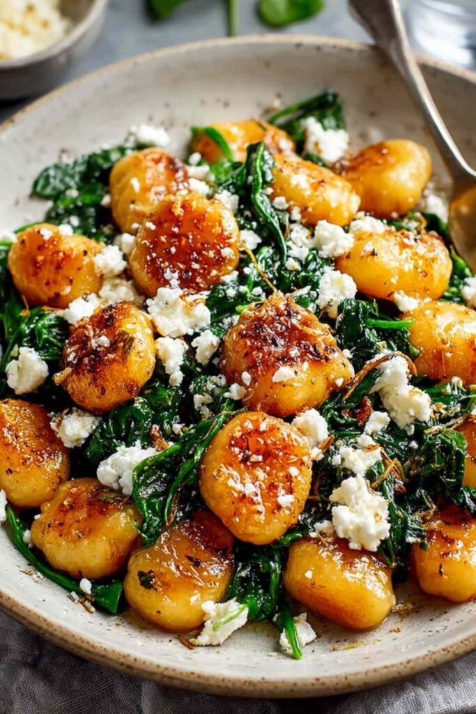 Crispy gnocchi with spinach and feta in a large skillet with golden-browned gnocchi, wilted spinach, and crumbled feta cheese
