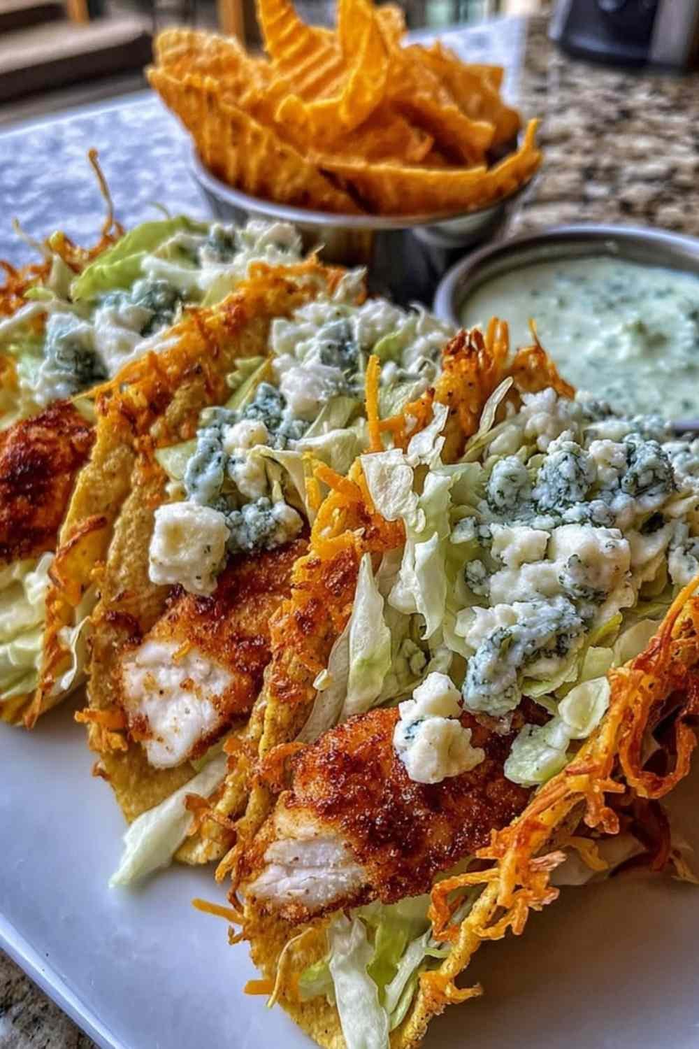 Dill Pickle Ranch Smash Chicken Tacos with crispy cheese laces, chopped pickles, and cottage cheese ranch sauce on a wooden board