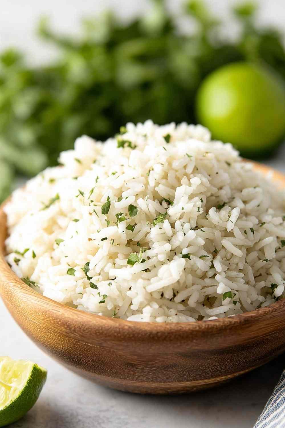 Bowl of copycat chipotle rice with fresh cilantro and lime on a wooden table
