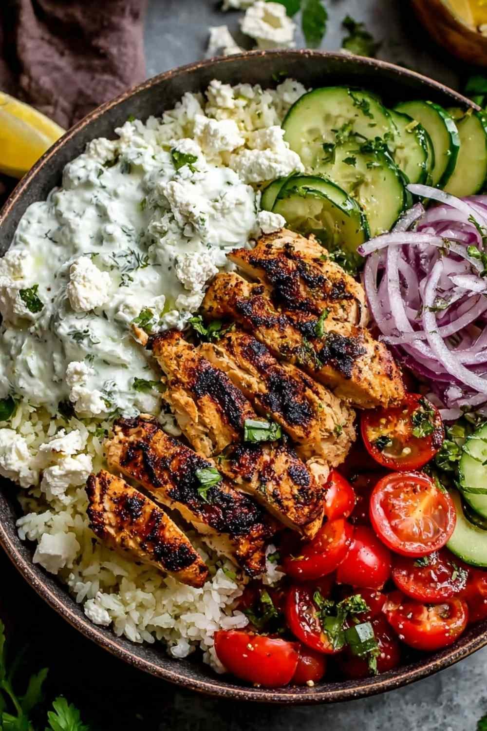 Easy Greek chicken bowls topped with sliced lemon-marinated chicken, feta, cucumber, tomatoes, and tzatziki sauce over rice