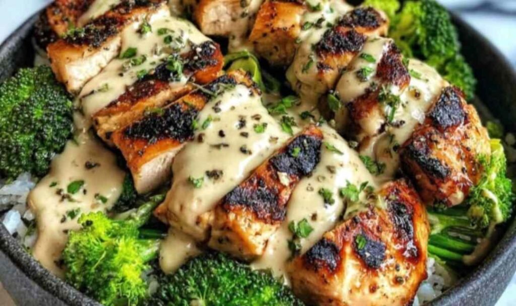 Grilled chicken and broccoli bowl with creamy garlic sauce served over brown rice in a white bowl