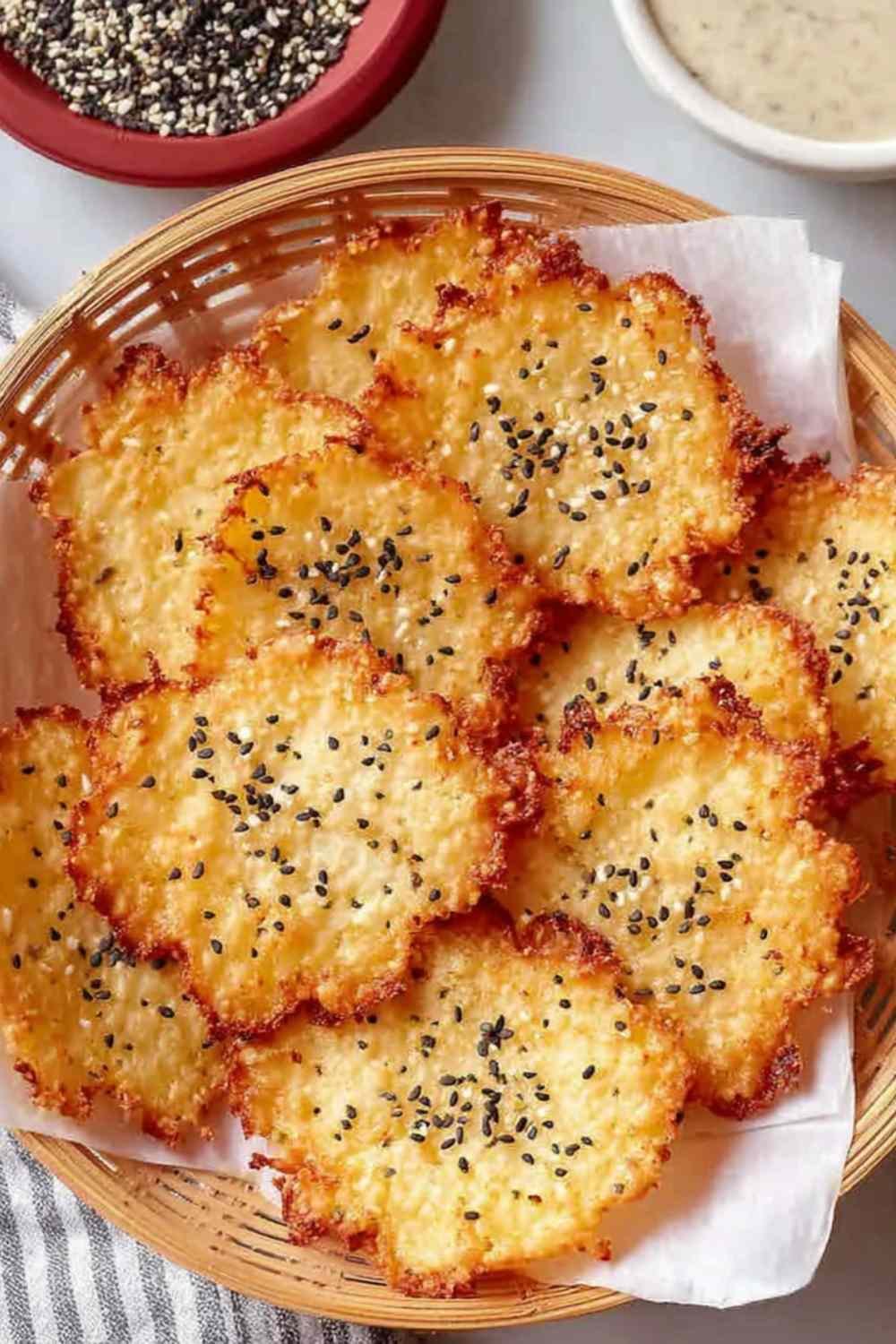 Crispy easy keto cottage cheese chips golden and baked on a parchment-lined baking sheet