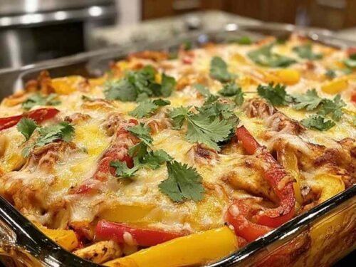 Fajita chicken casserole bake in a 9x13 dish with melted Mexican cheese blend bubbling on top fresh from the oven