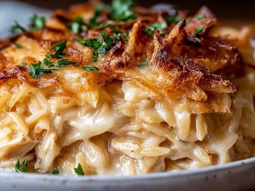 Fresh ingredients for French Onion Chicken Orzo Casserole including orzo pasta, shredded chicken, yellow onions, mozzarella, and cream arranged on a wooden kitchen counter