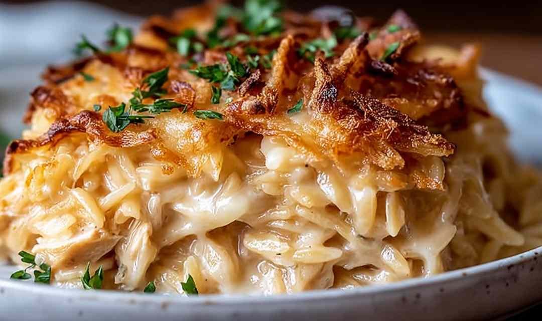 Creamy French Onion Chicken Orzo Casserole
