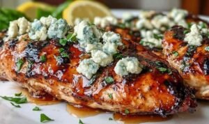 Plated Greek chicken with lemon and feta crumbled on top, garnished with fresh parsley and lemon wedges on a white dish