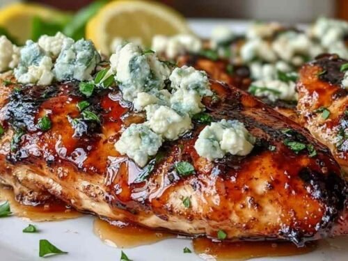 Plated Greek chicken with lemon and feta crumbled on top, garnished with fresh parsley and lemon wedges on a white dish