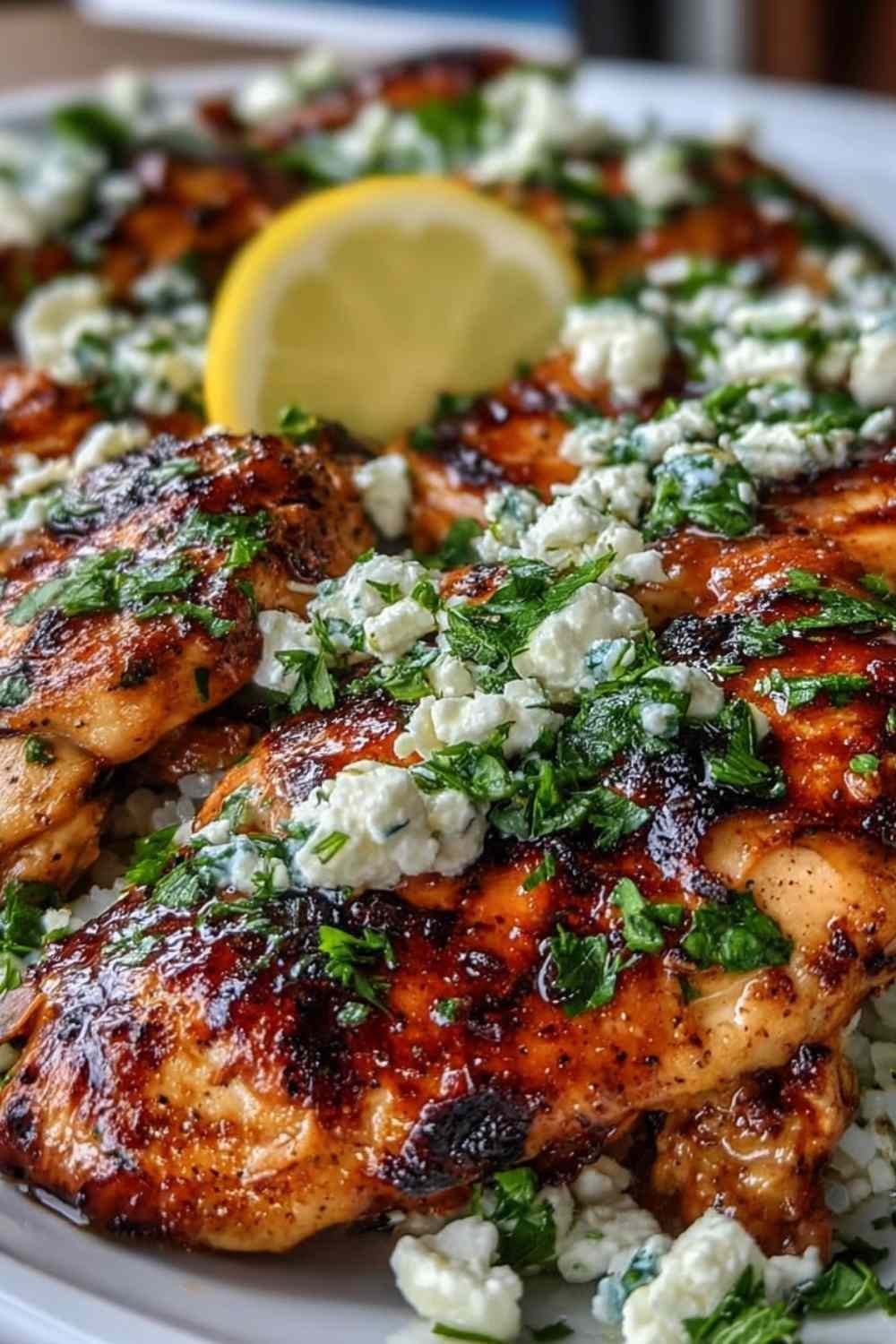 Plated Greek chicken with lemon and feta crumbled on top, garnished with fresh parsley and lemon wedges on a white dish
