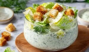 High protein Caesar dressing with cottage cheese in a glass jar, smooth and ready to serve