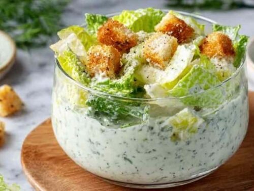 High protein Caesar dressing with cottage cheese in a glass jar, smooth and ready to serve