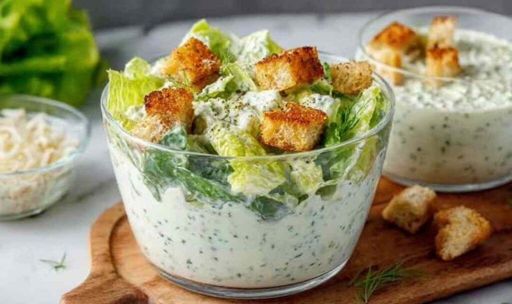 High protein Caesar dressing with cottage cheese in a glass jar, smooth and ready to serve