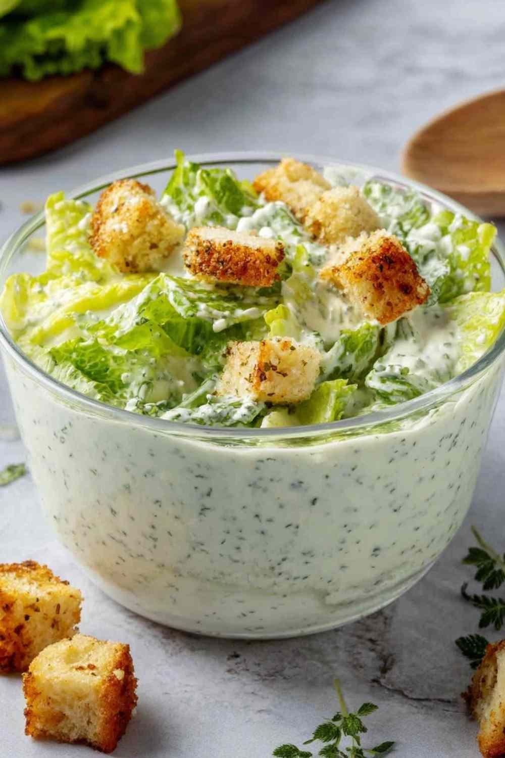 High protein Caesar dressing with cottage cheese in a glass jar, smooth and ready to serve