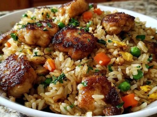 High protein crispy garlic chicken fried rice in a large skillet with golden chicken, mixed vegetables, scrambled eggs, and green onion garnish