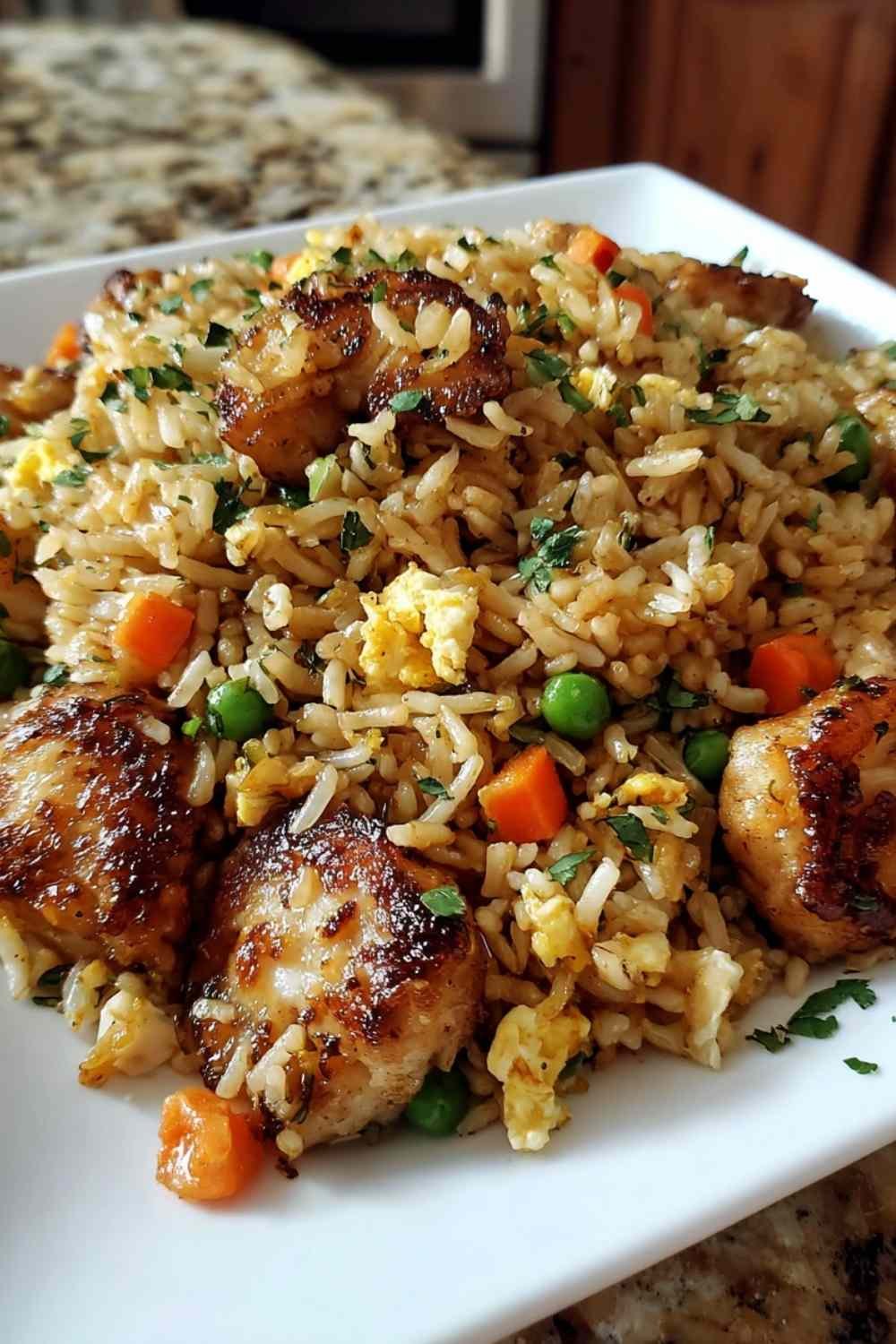 High protein crispy garlic chicken fried rice in a large skillet with golden chicken, mixed vegetables, scrambled eggs, and green onion garnish