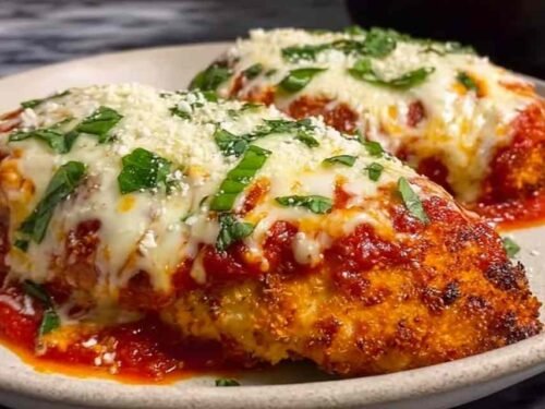 High-protein chicken parm topped with golden melted cheese and marinara sauce in a baking dish