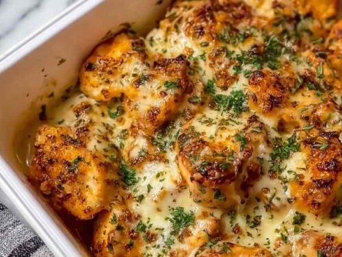 High protein creamy garlic cheesy chicken and potatoes in a large skillet with golden seared chicken, tender potatoes, and creamy Parmesan garlic sauce