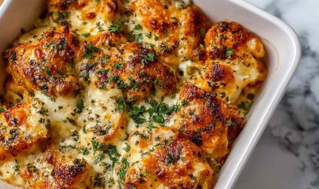 High protein creamy garlic cheesy chicken and potatoes in a large skillet with golden seared chicken, tender potatoes, and creamy Parmesan garlic sauce