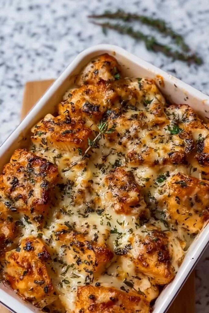 High protein creamy garlic cheesy chicken and potatoes in a large skillet with golden seared chicken, tender potatoes, and creamy Parmesan garlic sauce