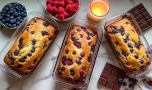 High protein pancake bowl baked in a ramekin topped with fresh blueberries and raspberries
