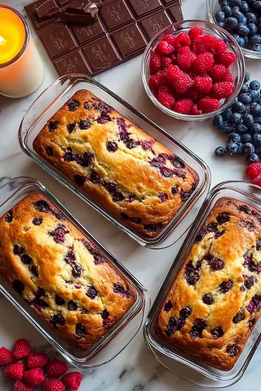 High protein pancake bowl baked in a ramekin topped with fresh blueberries and raspberries