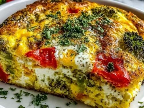 High-protein vegetable breakfast bake sliced into squares in a 9x13 baking dish with golden top and colorful vegetables