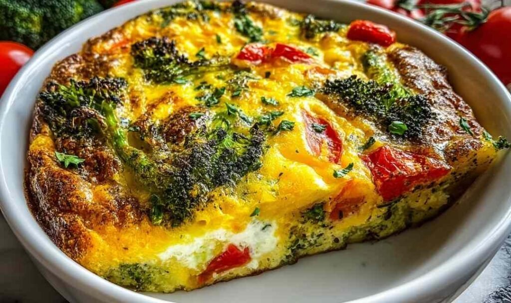 High-protein vegetable breakfast bake sliced into squares in a 9x13 baking dish with golden top and colorful vegetables