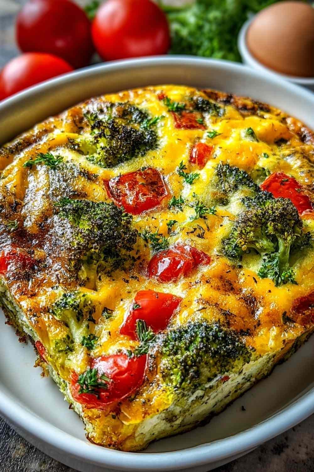 High-protein vegetable breakfast bake sliced into squares in a 9x13 baking dish with golden top and colorful vegetables