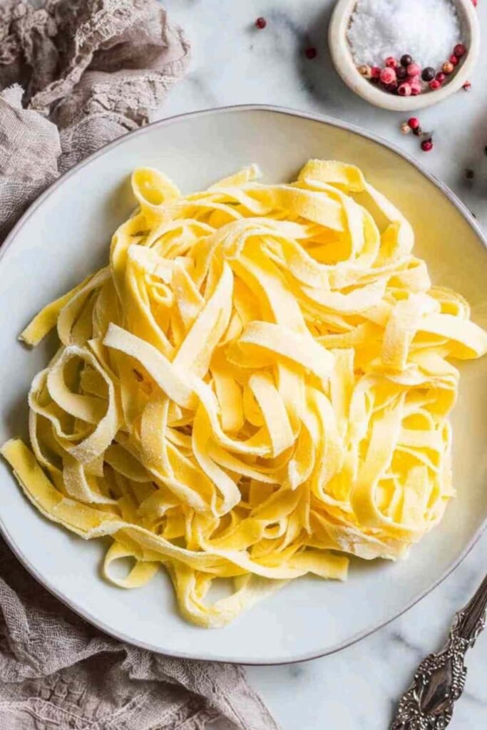 Homemade keto egg noodles made with almond flour served in a white bowl