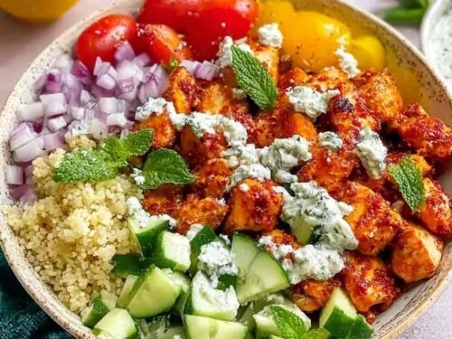 Four Mediterranean chicken bowls with harissa chicken, quinoa, tzatziki, and Greek salad on a wood table
