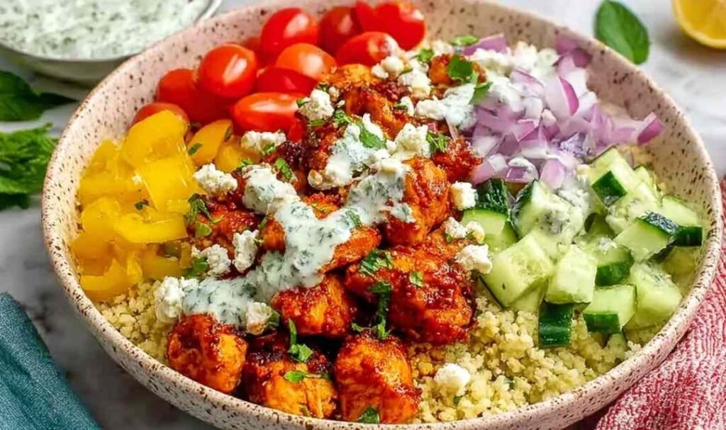 Four Mediterranean chicken bowls with harissa chicken, quinoa, tzatziki, and Greek salad on a wood table