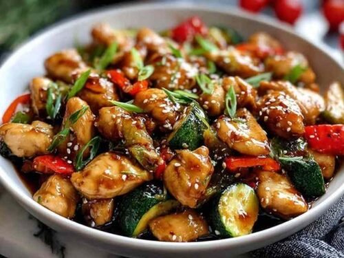 Honey Garlic Chicken Stir Fry with golden chicken pieces and colorful vegetables cooking in a large skillet with glossy sauce