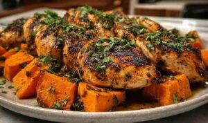 Honey garlic chicken and sweet potato in a cast iron skillet with caramelized sauce and fresh parsley garnish
