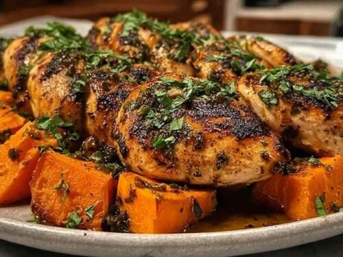 Honey garlic chicken and sweet potato in a cast iron skillet with caramelized sauce and fresh parsley garnish