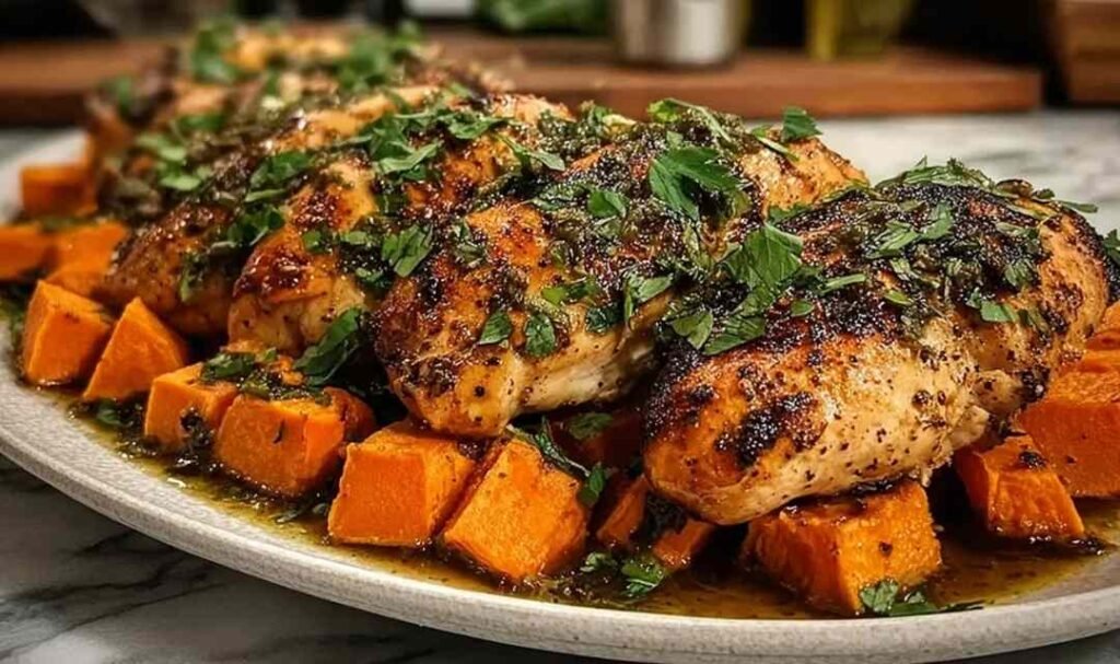 Honey garlic chicken and sweet potato in a cast iron skillet with caramelized sauce and fresh parsley garnish