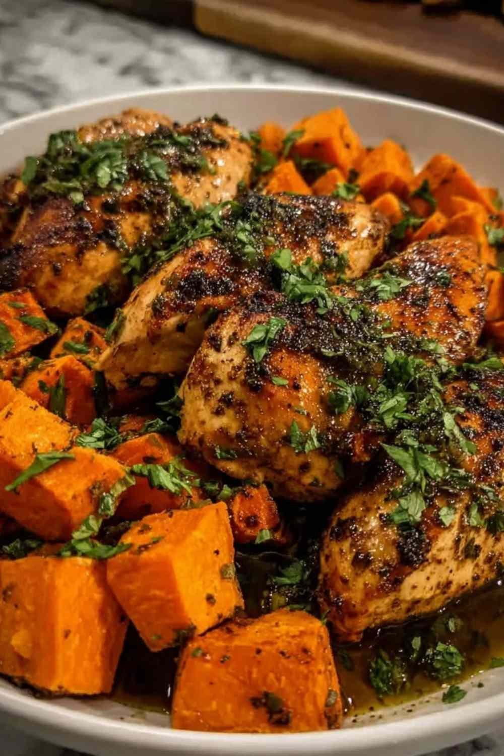 Honey garlic chicken and sweet potato in a cast iron skillet with caramelized sauce and fresh parsley garnish