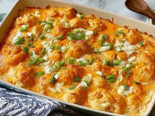 Freshly baked Buffalo Chicken Cauliflower Casserole with melted cheddar cheese and green onions in a white baking dish