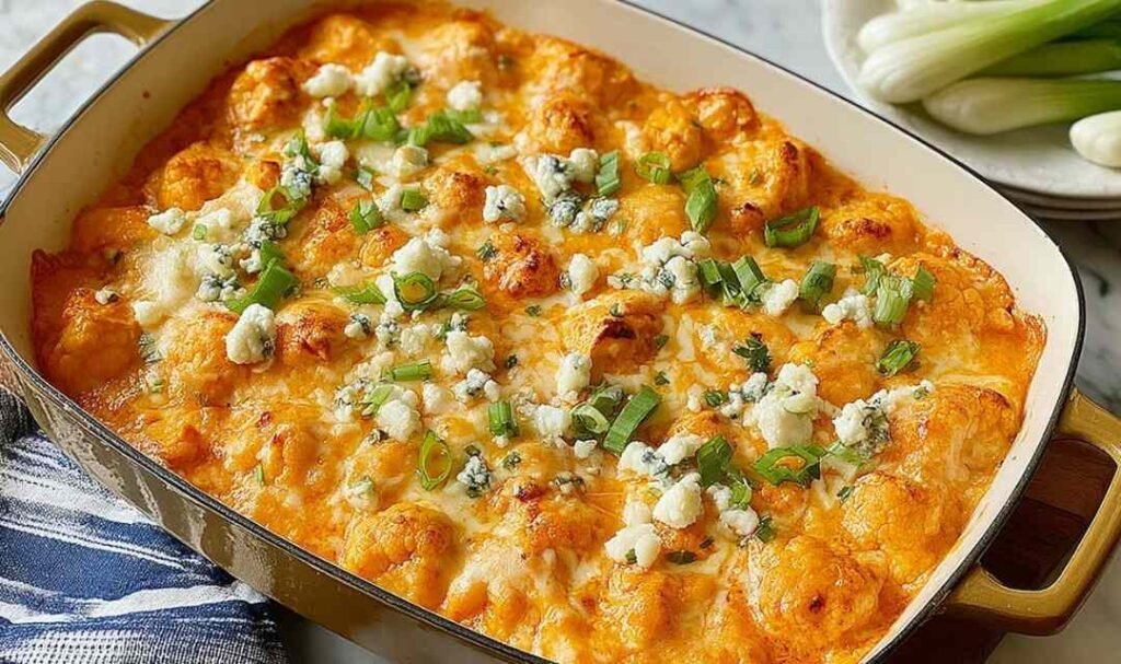 Freshly baked Buffalo Chicken Cauliflower Casserole with melted cheddar cheese and green onions in a white baking dish