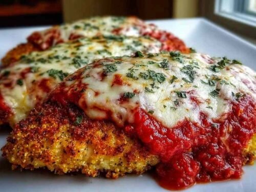 Crispy keto chicken parmesan topped with melted mozzarella and marinara sauce served on a white plate