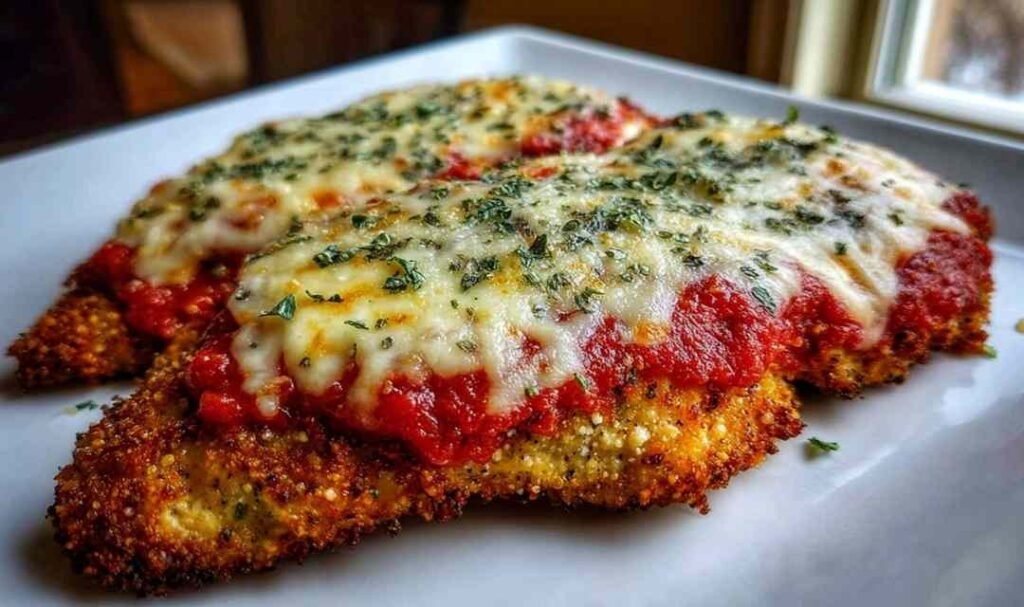 Crispy keto chicken parmesan topped with melted mozzarella and marinara sauce served on a white plate