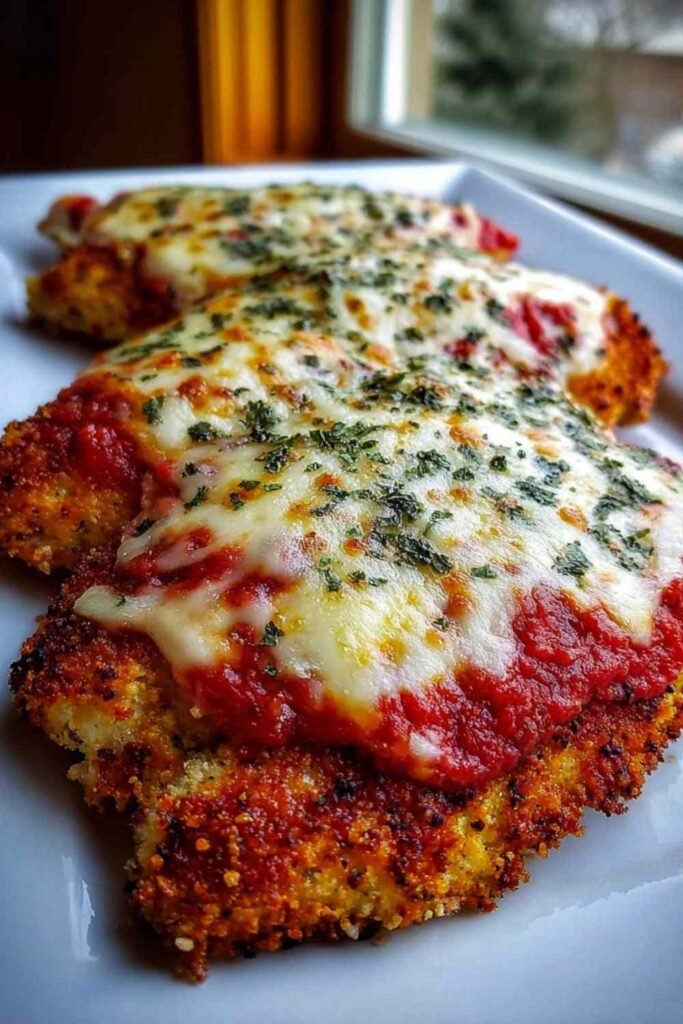 Crispy keto chicken parmesan topped with melted mozzarella and marinara sauce served on a white plate
