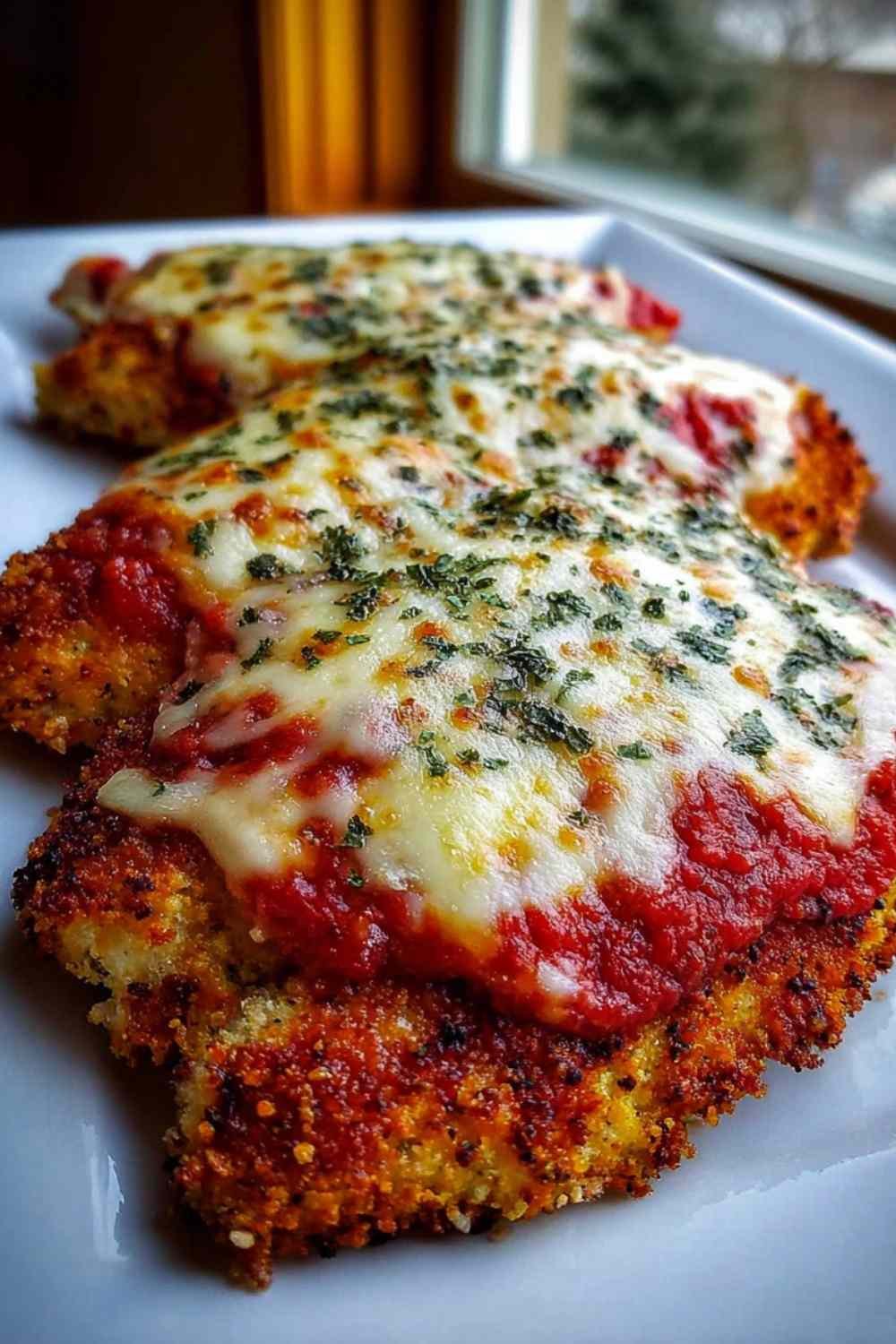 Crispy keto chicken parmesan topped with melted mozzarella and marinara sauce served on a white plate