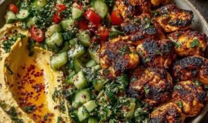 Overhead view of a lemon chili grilled chicken bowl with creamy hummus, fresh cucumber salad, and chopped parsley