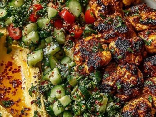 Overhead view of a lemon chili grilled chicken bowl with creamy hummus, fresh cucumber salad, and chopped parsley