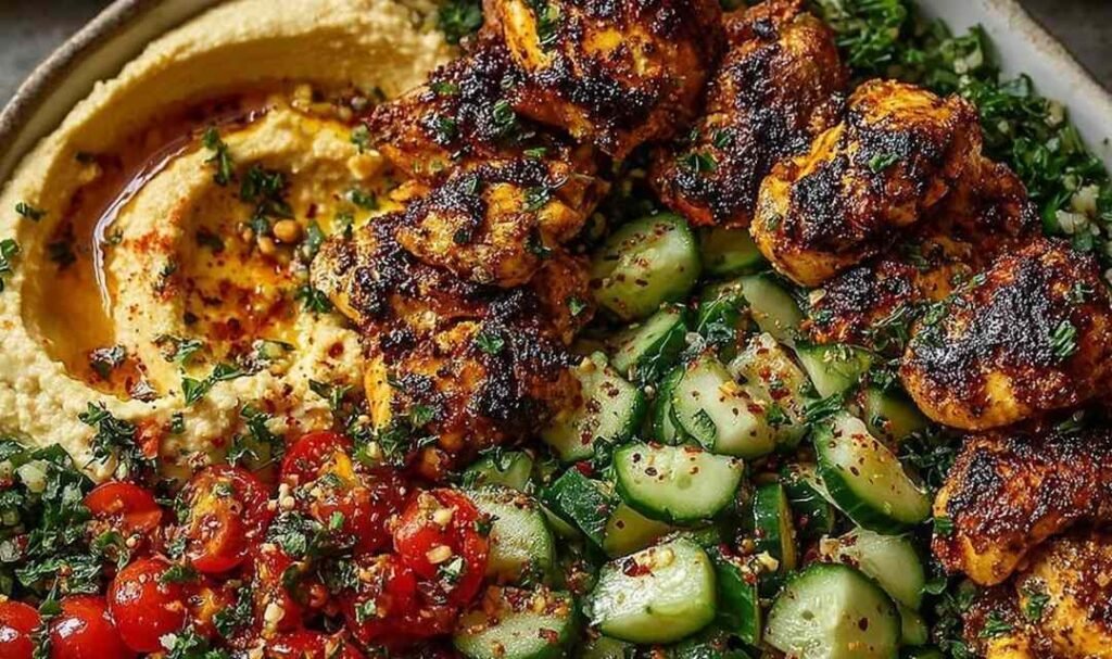 Overhead view of a lemon chili grilled chicken bowl with creamy hummus, fresh cucumber salad, and chopped parsley