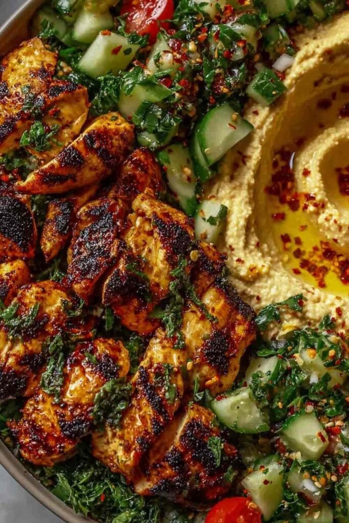 Overhead view of a lemon chili grilled chicken bowl with creamy hummus, fresh cucumber salad, and chopped parsley
